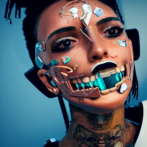 Image similar to portrait of a soundcloud robot rapper full of face tattoos and grills in its teeth, minimalistic aesthetics, geometric figures, stunning photo, cinematic lighting, perfect composition, 8K, ultra-detailed , Trending on artstation, Octane render, Unreal Engine, highly detailed