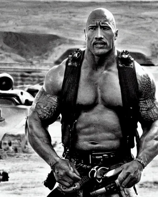 Image similar to film still close up shot of dwayne johnson in the movie mad max 2 the road warrior. photographic, photography