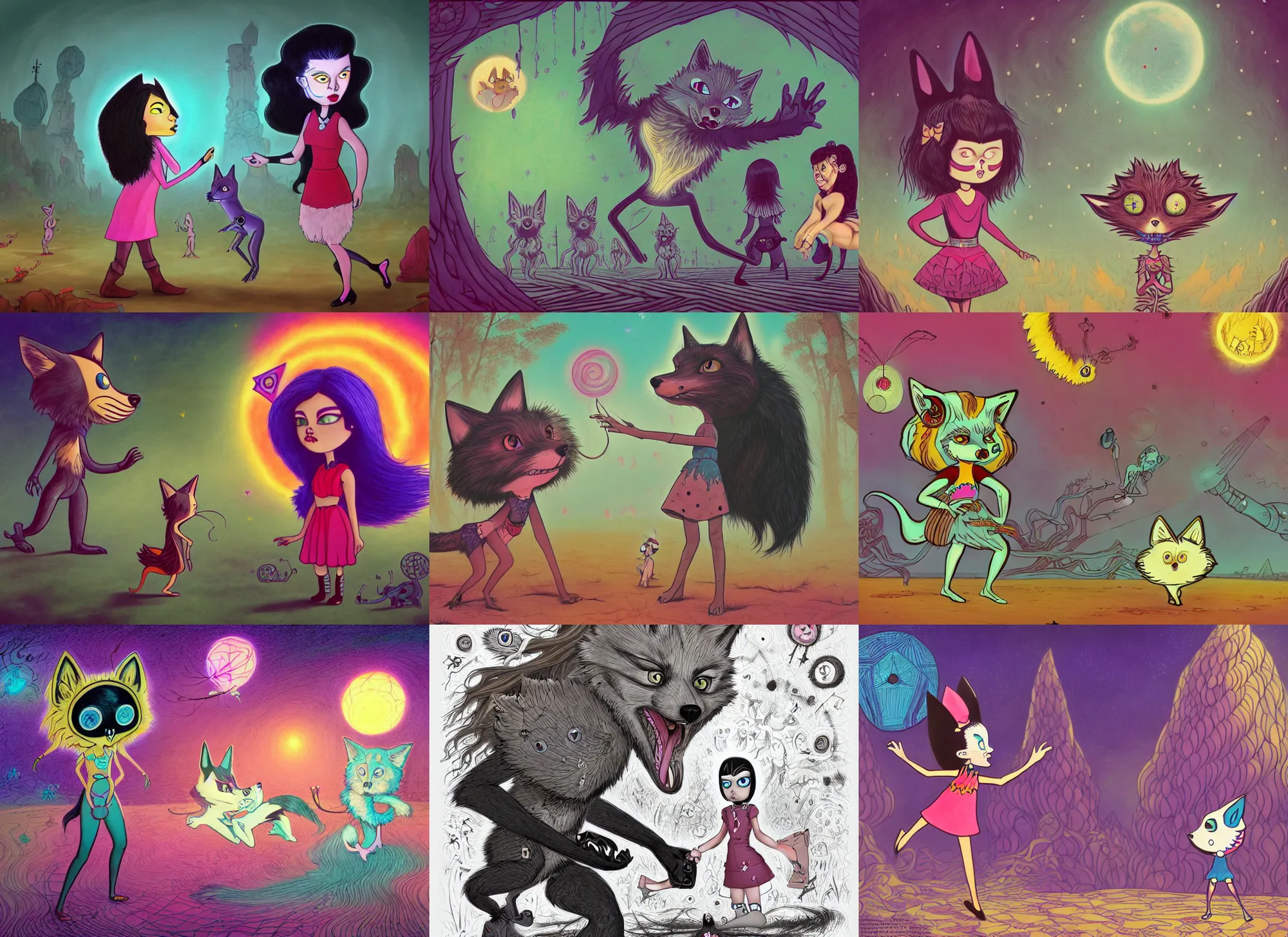 Prompt: a magical quantum coyote warns an innocent black haired girl of apocalyse. jon macnair, gary baseman, cinematic, colored drawing, carles dalmau, minna sundberg, xiaofan zhang, artstation, intricate and highly detailed, nettie wakefield, monica langlois