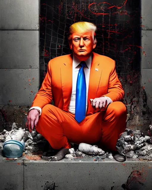 Image similar to a headshot portrait of Donald trump wearing a orange jumpsuit, sitting on the floor of a filthy rat infested concrete jail, dimly lit, volumetric lighting, in jail by craig mullins and Annie Leibowitz, octane, 8k,