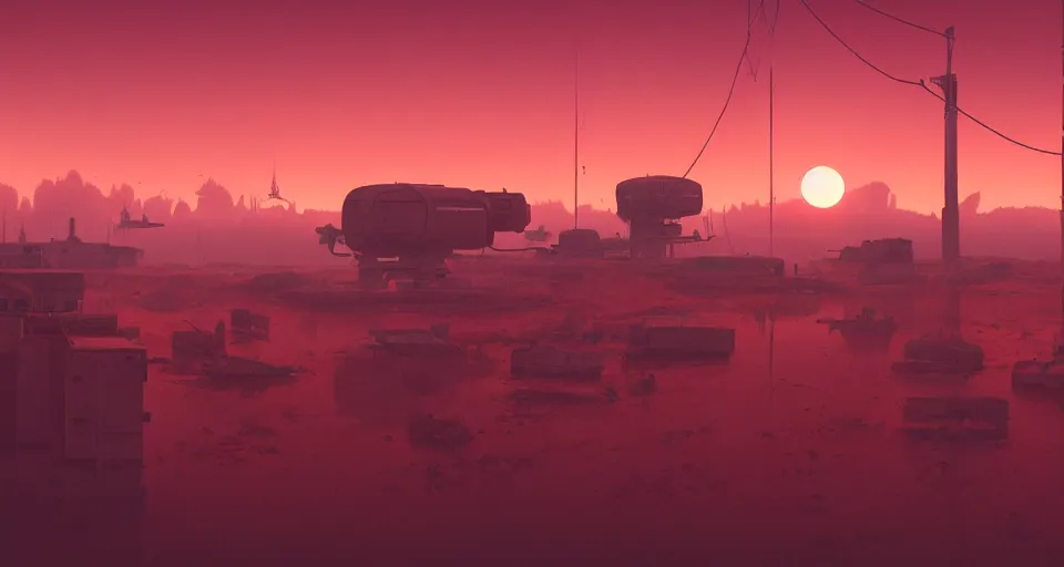 Image similar to A very very very dim Outpost with a sunset, red atmosphere, very hazy, rendered by simon stålenhag, rendered by Beeple, Makoto Shinkai, syd meade, synthwave style, environment concept, digital art, starwars, unreal engine, 3 point perspective, WLOP, trending on artstation, low level, 4K UHD image, octane render,