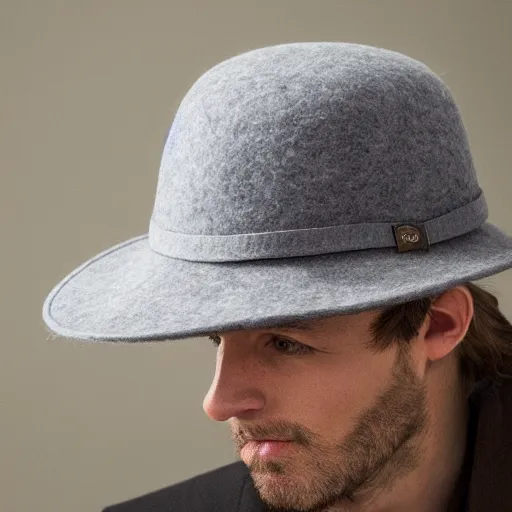 Prompt: a grey felt hat with a brim that is turned upward and has a jagged, zigzag shape, like that of a king's crown