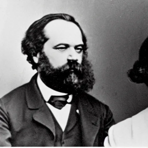 Image similar to Karl Marx and Ayn Rand conspiring, photo, 1920, military base backround