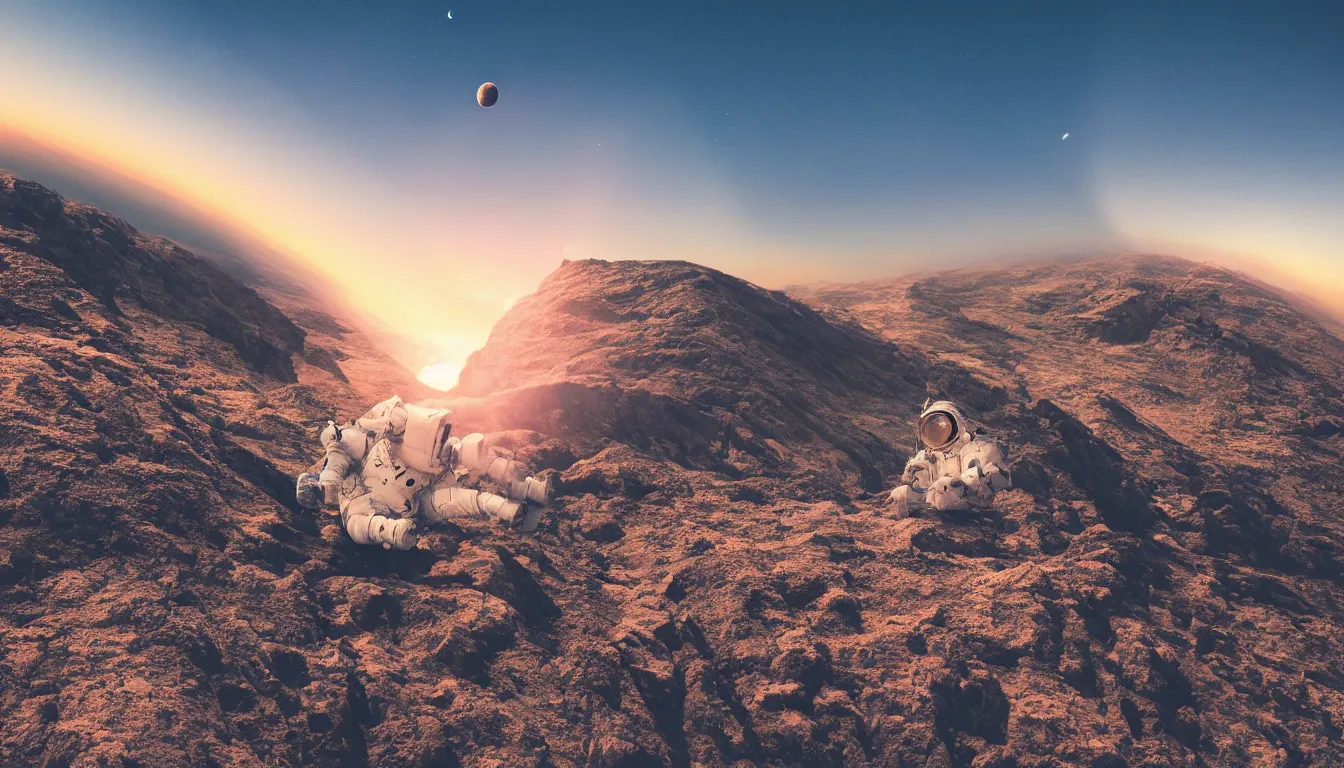 Prompt: very close shot of an astronaut sitting on a mountain alone, sunset, photorealistic, 8k,