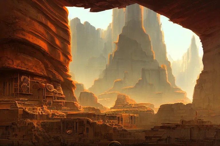 Prompt: a mystical matte painting of an archaic city of ancient persia looming above a canyon by syd mead and peter mohrbacher and james gilleard in the style of hugh ferriss