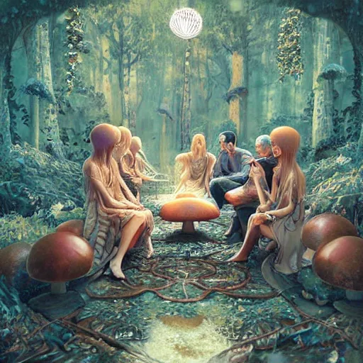 Prompt: mushroom goddess with group of elders, discussing the new season of friends, cynical realism, hiroya oku painterly, yoshitaka amano, chris cunningham, moebius, beautiful lighting, tendrils, in the style of, wlop, scientific diagram