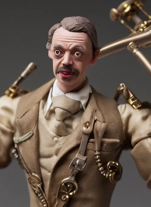 Image similar to product photography of a claymation action figure steampunk steve buscemi, depth of field, zeiss lens, detailed, centered, by erwin olaf, joop geesink, wes anderson, breathtaking, 8 k resolution, extremely detailed, beautiful, establishing shot, realistic materials, hyperrealistic