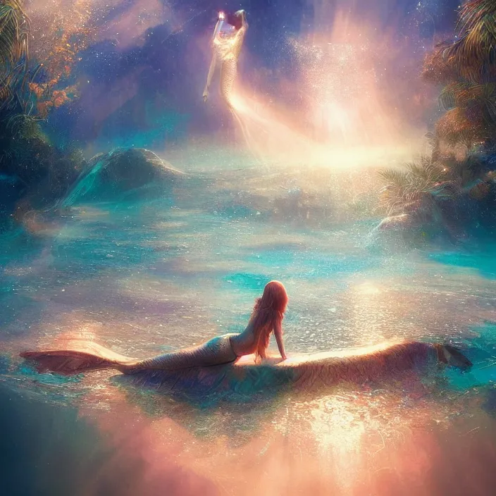 Image similar to glimmering mermaid swimming underwater, golden hour, god rays, coral reef, dreamscape by artgerm and ruan jia and ismail inceoglu and greg olsen, cosmos, milky way galaxy, masterpiece, beautiful, intricate, elegant, highly detailed, palm trees