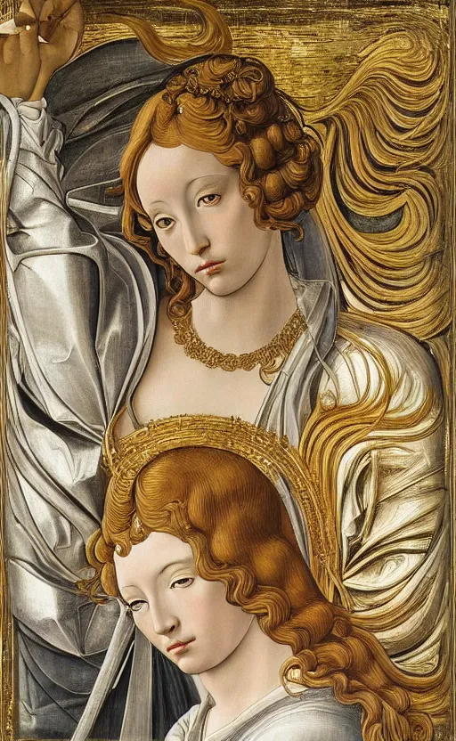 Image similar to blank canvas with an ornamental sci fi frame, beautiful metallic frame, goldn details, in the style of sandro botticelli, caravaggio, albrecth durer