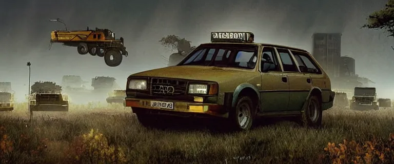 Image similar to Scrap Audi 80 B3 Avant (1988) facing a combine APC, Half-Life 2: Episode 2 (PC), a post-apocalyptic outland, dramatic lighting, cinematic, establishing shot, extremely high detail, photorealistic, cinematic lighting, artstation, by simon stalenhag