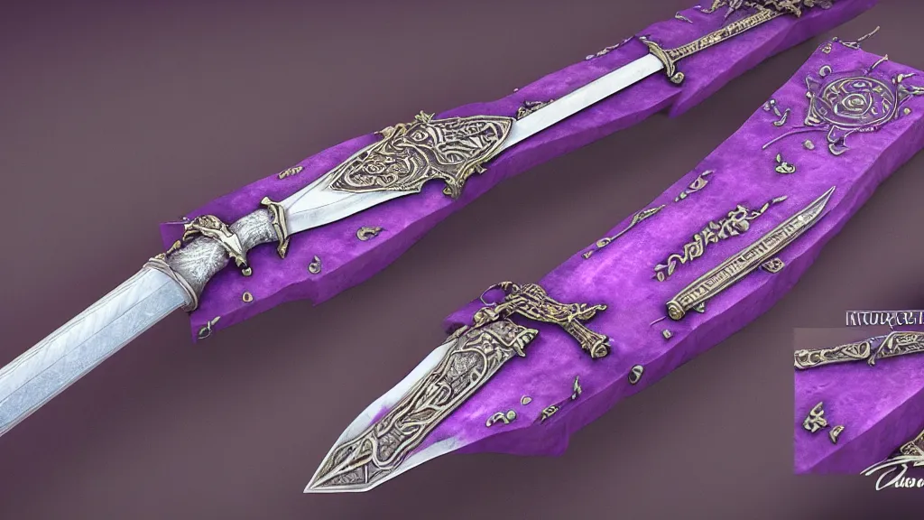 Prompt: medieval broad sword, purple aura, purple inscription on blade, intrinsic design, hyper detailed, 4 k, 8 k, octane render