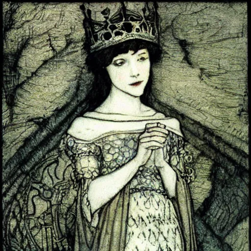 Prompt: beautiful young medieval queen by arthur rackham