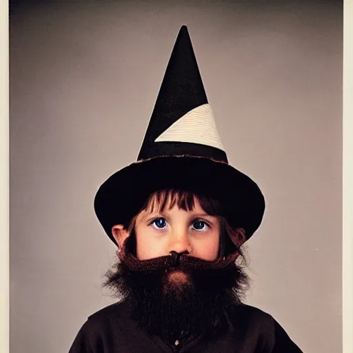 Prompt: photograph of a five year old boy wizard, beard, wizard hat by annie leibovitz, dark hair, deep eyes