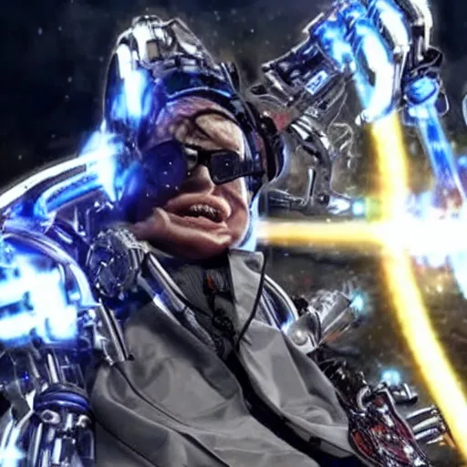 Image similar to screenshot of stephen hawking in an exoskeleton suit in tekken