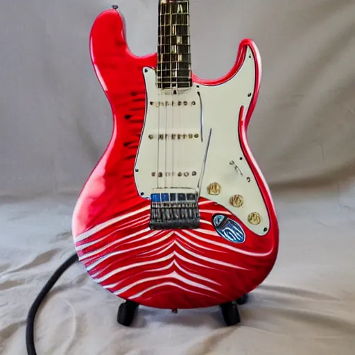 Image similar to electric guitar with a red and white swirl paint finish