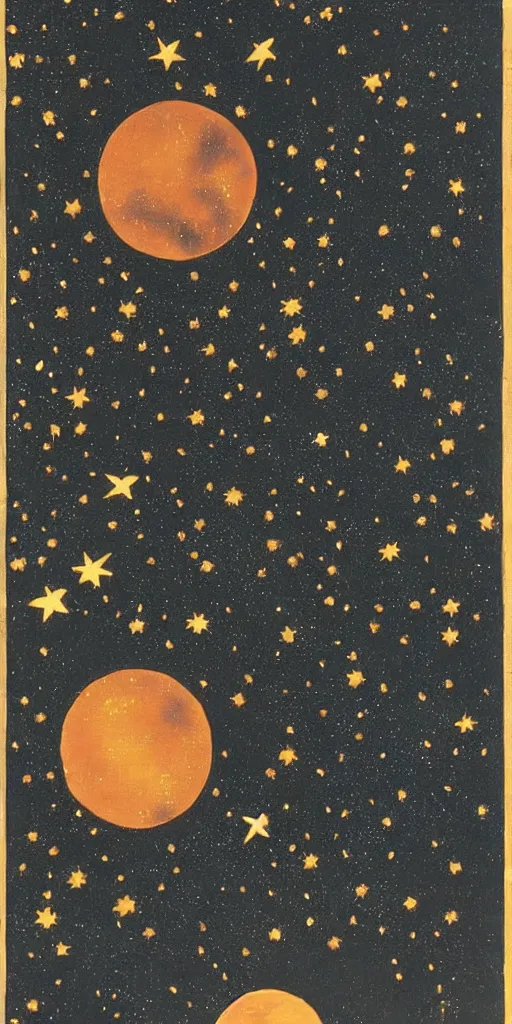 Image similar to oriental painting of the stars, the moon is far above, detailed, refined, high quality, parchment, blackened space, lots of stars