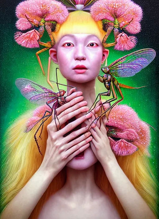 Prompt: hyper detailed 3d render like a Oil painting - kawaii portrait Aurora (gold haired Singer Praying Mantis Dragonfly faced) seen Eating of the Strangling network of yellowcake aerochrome and milky Fruit and Her compund eyes delicate Hands hold of gossamer polyp blossoms bring iridescent fungal flowers whose spores black the foolish stars by Jacek Yerka, Mariusz Lewandowski, Houdini algorithmic generative render, Abstract brush strokes, Masterpiece, Edward Hopper and James Gilleard, Zdzislaw Beksinski, Mark Ryden, Wolfgang Lettl, hints of Yayoi Kasuma, octane render, 8k