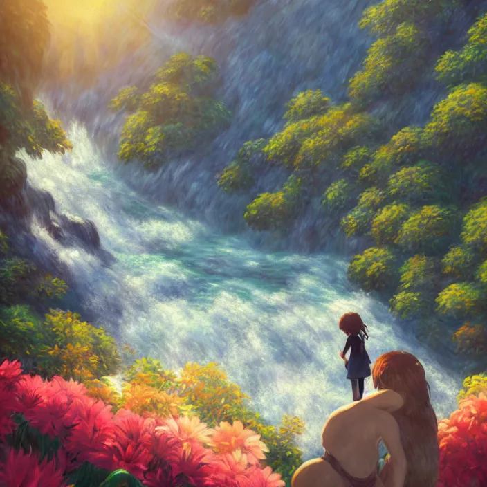 Image similar to an epic makoto shinkai and renoir landscape with a beautiful brown haired woman playing a guitar in front of hawaiian waterfall, golden hour, 🌺, ultra smooth, lois van baarle, ilya kuvshinov, unreal engine, blender, trending on artstation, suntur, caleb worcester, highly detailed, photorealism, bloom effect 8 k