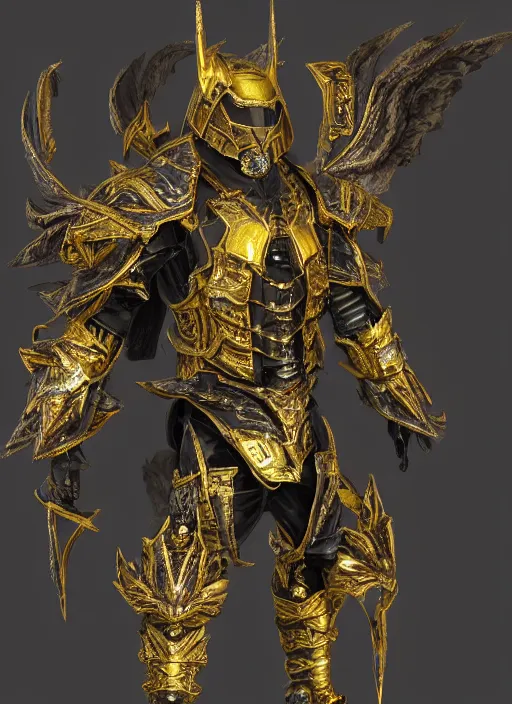 Image similar to a photorealistic 3D render of a full body dark side knight (as an archetypal DnD isekai Demon Lord from Final Fantasy) wearing power armor made of gold and silver and organic floral components, inspired by Fallout, unreal engine, octane render, cinematic lighting, a sense of evil, detailed hard surface boss character concept art, character design, hyper realism, high detail, depth of field, stunning cgsociety, HD, HDR, 4k