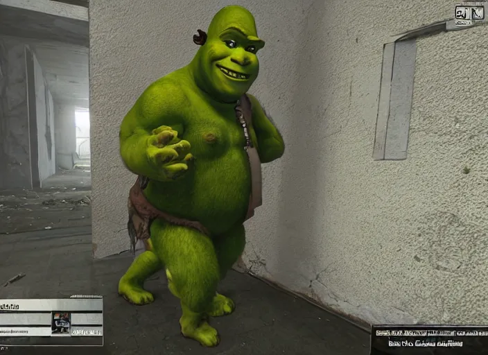 Prompt: Shrek found inside a room in Escape from Tarkov