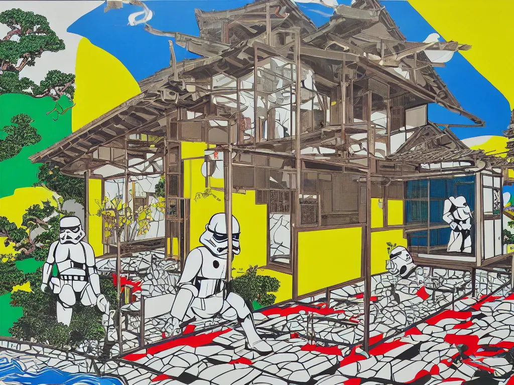 Prompt: hyperrealism composition of the japanese house with a hot springs in the garden, detailed stormtrooper in hot springs, pop - art style, jacky tsai style, andy warhol style, roy lichtenstein style, acrylic on canvas