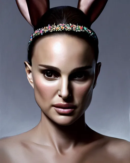 Prompt: Natalie Portman, wearing rabbit ears headband, very detailed portrait, ultrarealistic, dramatic lighting, electrical details, high details, 4k, 8k, best, accurate, trending on artstation, fur, artstation, photorealism, ultrarealistic, digital painting, style of Dali, Caravaggio, Boris Vallejo