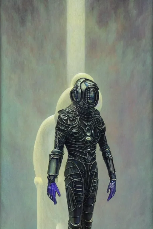 Image similar to full body portrait of beautiful gothic and futuristic fashion model, intriguing space armour, cyber armour, highly detailed, artstation, illustration, composition, 8 k quality, art by jean delville, rene magritte, hyperrealism oil painting