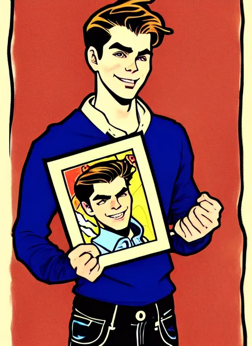 Prompt: oil portrait of archie andrews holding a picture of jughead jones, intricate, elegant, highly detailed, lighting, painting, artstation, smooth, illustration, art by greg rutowski and alphonse mucha