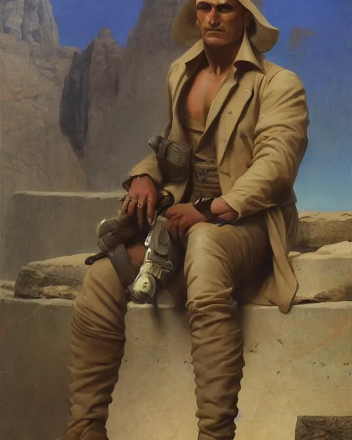Image similar to doc savage in an egyptian tomb wearing jodhpers and knee high boots and no hat, fantasy character portrait, ultra realistic, concept art, intricate details, highly detailed by soft light, volumetric light, misty, william adolphe bouguereau, mucha, maxfield parrish