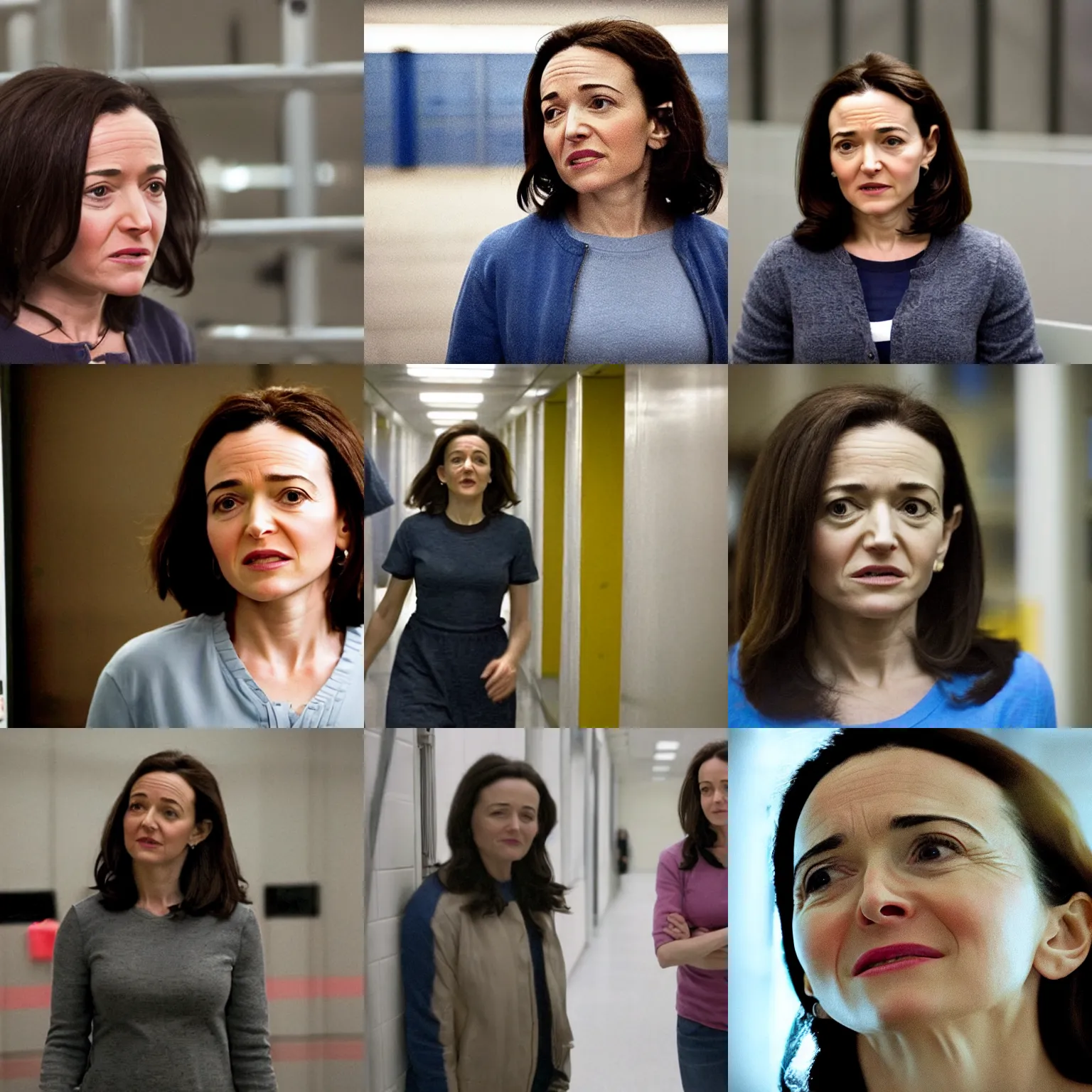 Prompt: Movie still of Sheryl Sandberg imprisoned in Supermax in Facebook The Movie, directed by David Yates