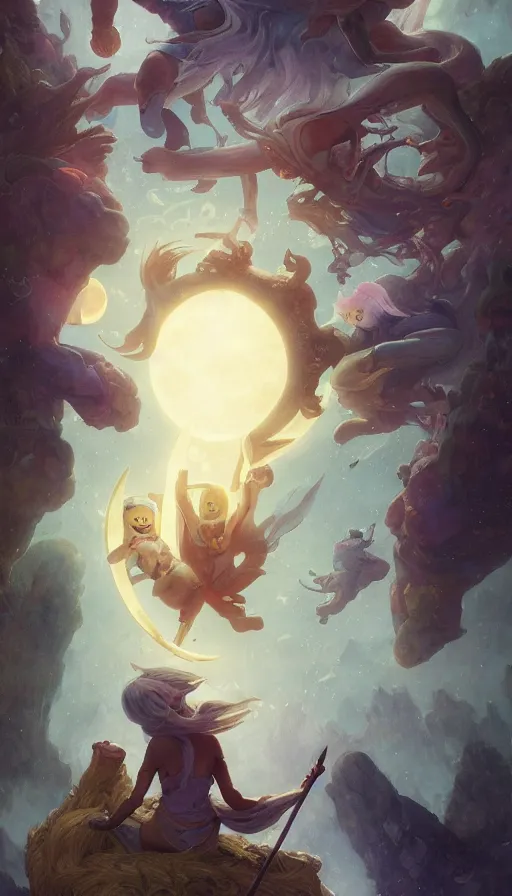 Prompt: epic masterpiece adventure time, hyperrealistic, octane render, cinematic, night, moon, beautiful face and flawless skin, perfect hands, 5 fingers, by Edgar Maxence and Ross Tran and Michael Whelan, Lorenzo Sperlonga Legends of Runeterra