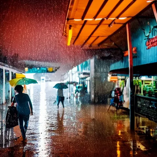 Image similar to A rainy night outside a Singaporean hawker centre, award-winning photography, cinematic lighting