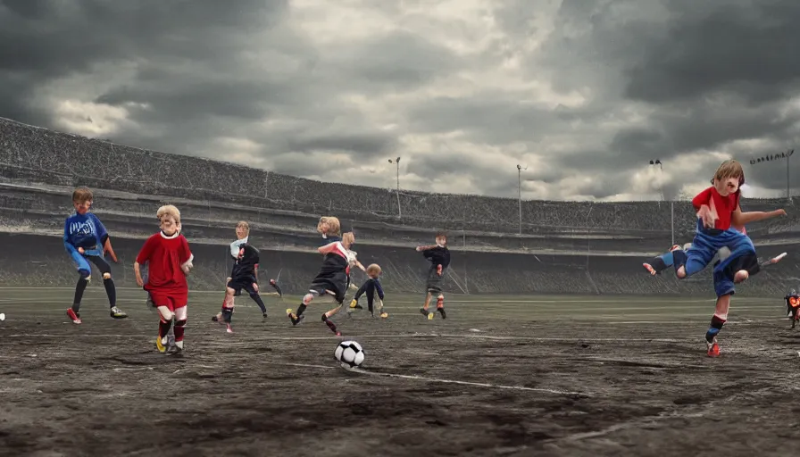 Image similar to kids playing soccer in destroyed rfk stadium in washington dc, cloudy day, hyperdetailed, artstation, cgsociety, 8 k