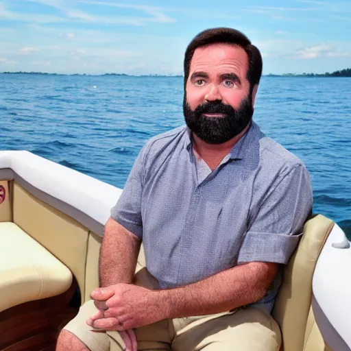 Prompt: billy mays, on a small boat