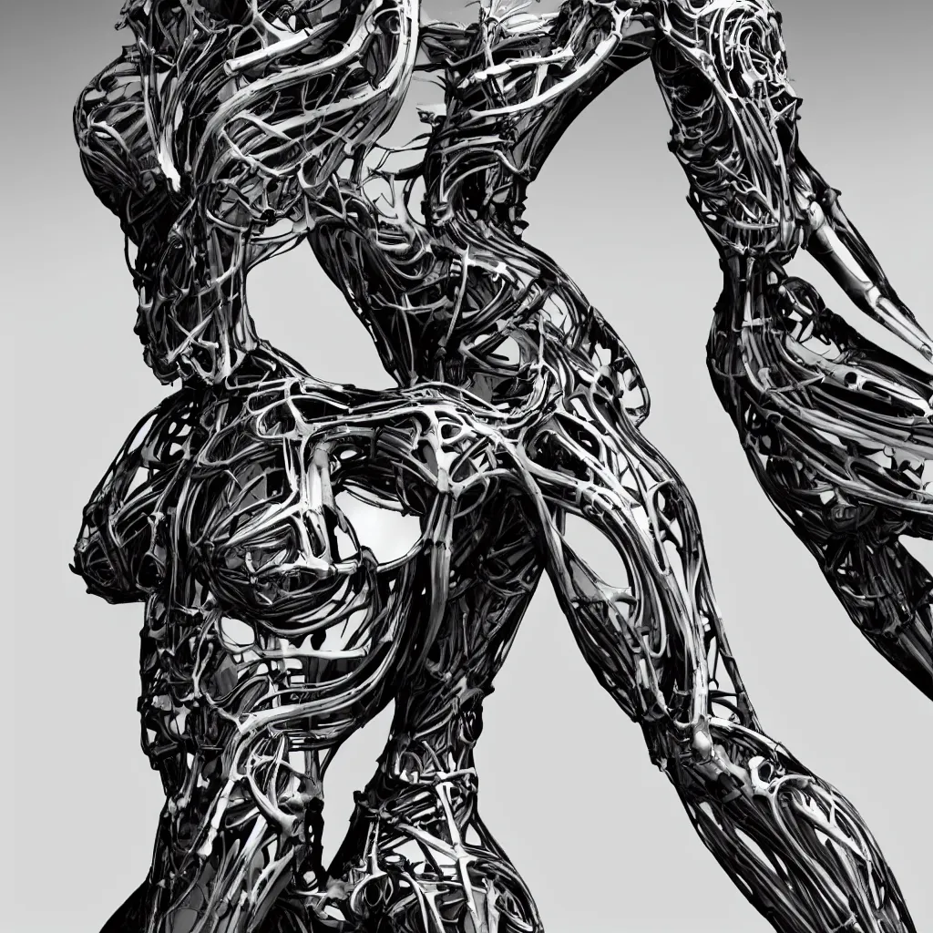 Prompt: a beautiful female is infected with a biomechanical suit, octane render, hyper realistic, art by hr giger and alvin schwartz, black and white, full body, epic angle