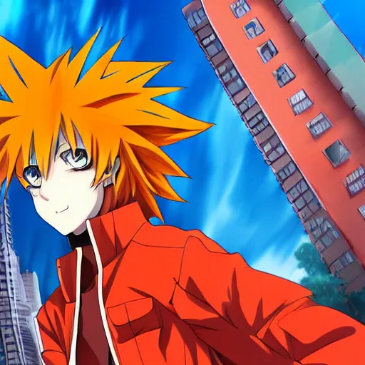 Image similar to orange - haired anime boy, 1 7 - year - old anime boy with wild spiky hair, wearing red jacket, running past colorful building, red - yellow - blue colored building, turquoise aquamarine windows, strong lighting, strong shadows, vivid hues, ultra - realistic, sharp details, subsurface scattering, intricate details, hd anime, 2 0 1 9 anime