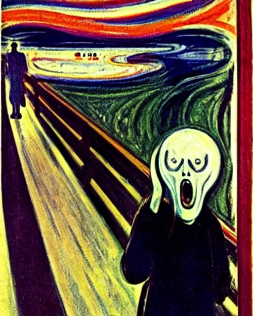 Image similar to a painting of ghostface in the scream by edvard munch