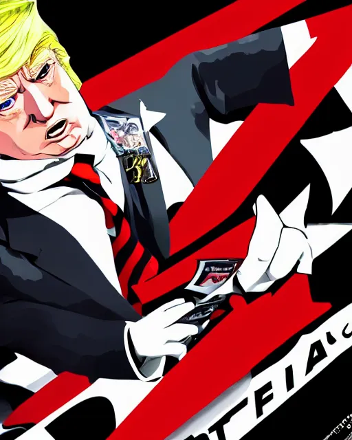 Prompt: Donald Trump, in the style of Persona 5, Persona 5, Persona 5 artwork