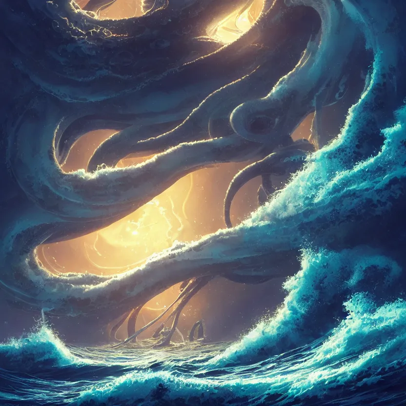 Prompt: treasure planet, giant octopus monster in a stormy sea with huge waves, huge tentacles, clouds, stars, rings, beautiful lighting, vivid colors, intricate, elegant, smooth, concept art, cinematic, unreal engine, wallpaper, by syd mead, terada katsuya, atey ghailan, svetlin velinov, makoto shinkai art style