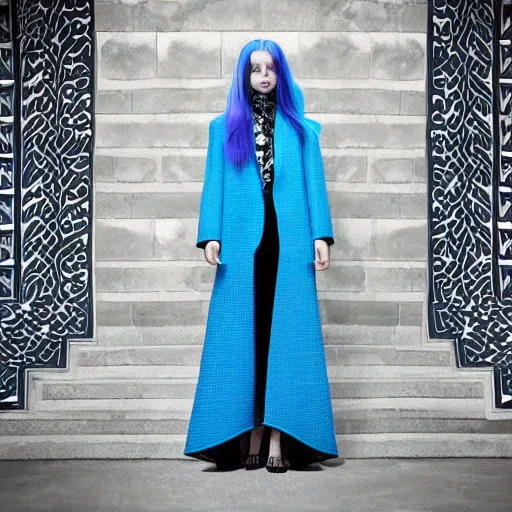 Image similar to fashion 2 0 5 0 fantastic openwork long coat with intricate pattern on a beautiful symmetrical girl with blue hair, hyper realistic photos