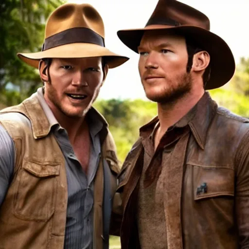 Image similar to chris pratt as indiana jones together with harrison ford, instagram, cinematic, natural lighting, genuine smile