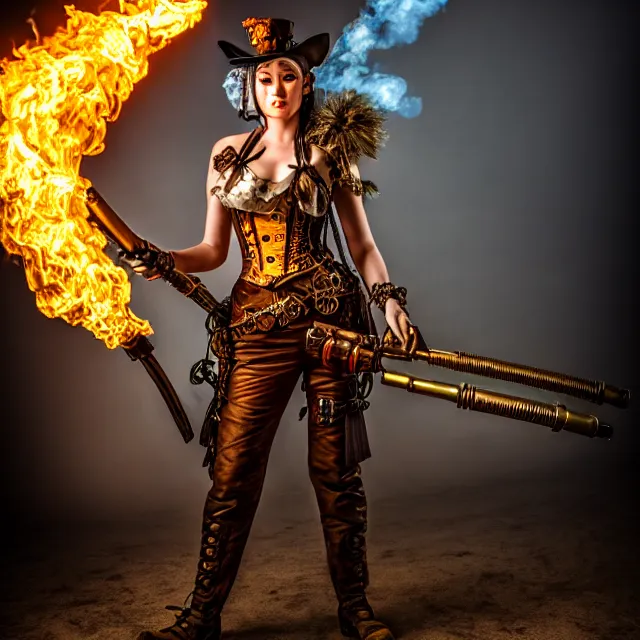 Prompt: full length photo of a beautiful steampunk warrior with a flamethrower, 8 k, hdr, smooth, sharp focus, high resolution, award - winning photo