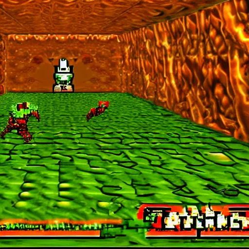 Prompt: bossfight against the flyagaric King, doom perspective, nintendo 64 style