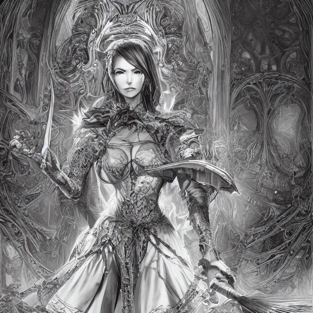 Image similar to the portrait of the lawful evil sorceress lawyer as an absurdly beautiful, graceful, elegant, sophisticated, woman, an ultrafine hyperdetailed illustration by kim jung gi, irakli nadar, intricate linework, bright colors, octopath traveler, final fantasy, unreal engine 5 highly rendered, global illumination, radiant light, detailed and intricate environment