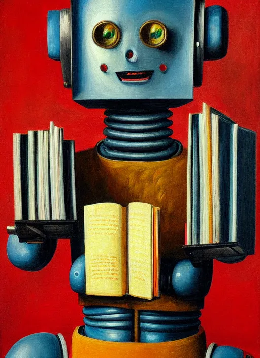 Prompt: portrait of a robot reading a book, highly detailed, painting by otto dix, 8 k