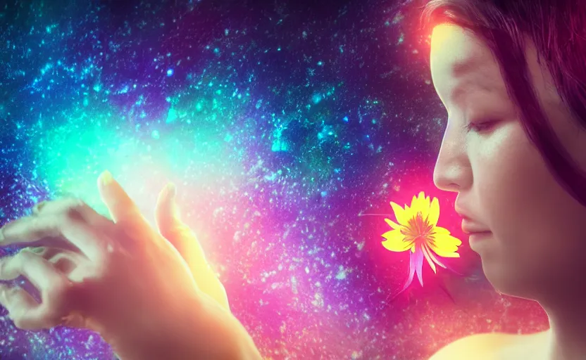 Prompt: a woman meditating about the 1 2 petals of the heart chakra lotus in a cosmic universe beauty lady close up bokeh hiperrealistic neon glow darkness dramatic neon f - zero ships, sharp focus, octane render, imax