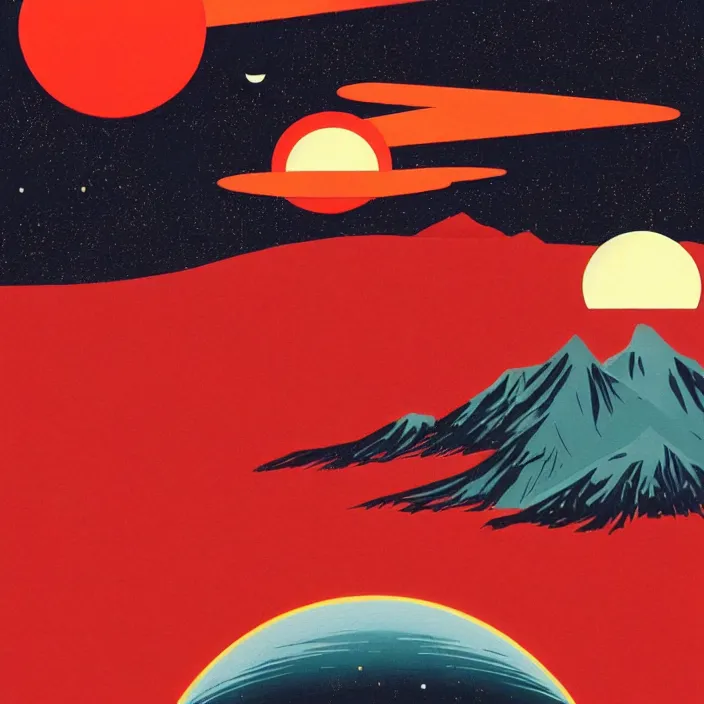 Image similar to a painting of a red landscape with a sun in the background, poster art by tom whalen, behance contest winner, space art, apocalypse landscape, ukiyo - e, synthwave