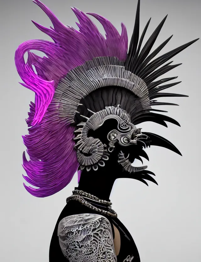 Image similar to 3 d goddess close - up profile simple portrait punk with mohawk with ram skull. beautiful intricately detailed japanese crow kitsune mask and clasical japanese kimono. betta fish, jellyfish phoenix, bio luminescent, plasma, ice, water, wind, creature, artwork by tooth wu and wlop and beeple and greg rutkowski