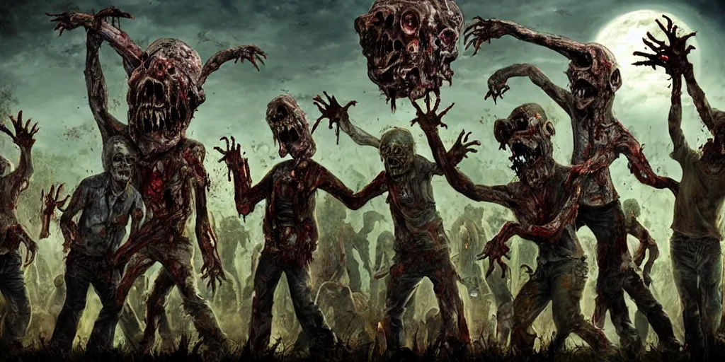 Image similar to Zombies wandering through a Midwestern town, a single giant zombie made out of other zombies, high quality fantasy art, 4k