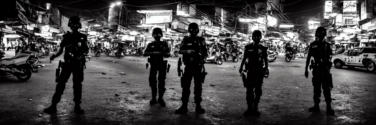 Prompt: Cyberpunk Police, futuristic Phnom-Penh Cambodia, neon dark lighting